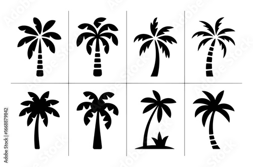 Collection of Eight Black Silhouette Palm Tree Icons