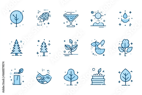 Various environmental and science related icons arranged symmetrically with a blue hand drawn style for easy visual communication
