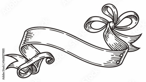An elegant ribbon banner with a bow and decorative etching in a vintage style illustration design