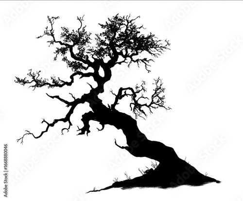 a black silhouette of an old twisted tree.