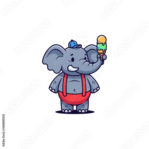 A cute elephant in overalls and holding an ice cream cone, a charming cartoon mascot.