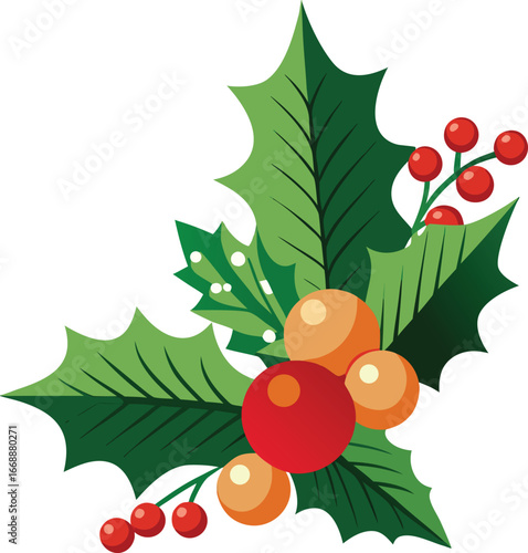Festive Holly Berry and Christmas Ornament Arrangement Decorative Seasonal Botanical Illustration for Holiday Decor and Celebrations