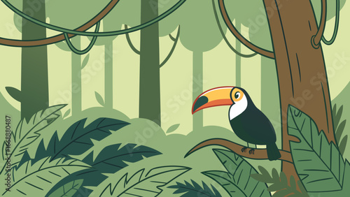 A cartoon toucan perched on a branch in a lush green jungle with vines and large tropical leaves around