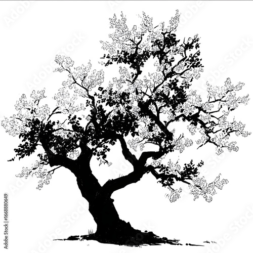 Silhouette outline cherry blossom tree black and white silhouette retains details white background warm picture.