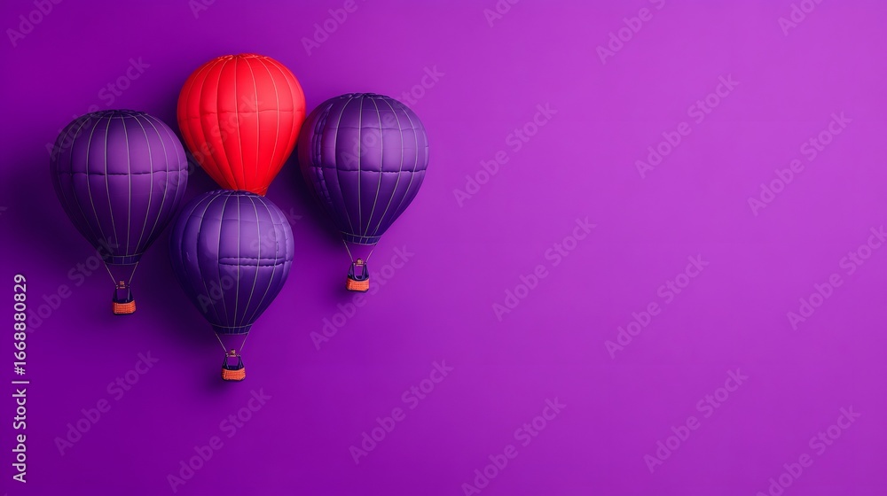 Fototapeta premium Vibrant Purple and Red Hot Air Balloons on Purple Background