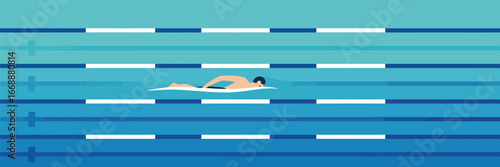 A swimmer in a pool with lane markers performing the freestyle stroke in a blue and turquoise pool water