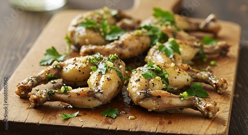 Gourmet French Cuisine Fried Frog Legs with Parsley.