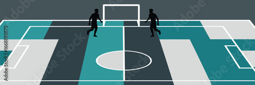 Two soccer players on a color blocked field with a goal and a center circle in a stylized illustration