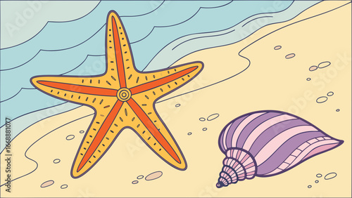 A starfish and a seashell on a sandy beach with gentle waves in the background in cartoon style