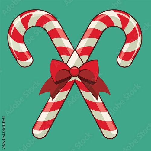 Festive Candy Canes with Bow Christmas Holiday Illustration with Two Crossed Candy Canes and Red Bow on Teal Background