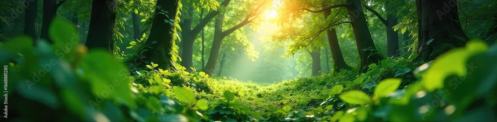 Fototapeta premium Sunlit Green Forest Sustainable Internet, Renewable Energy, Eco-Friendly Data World, Climate Change Solution