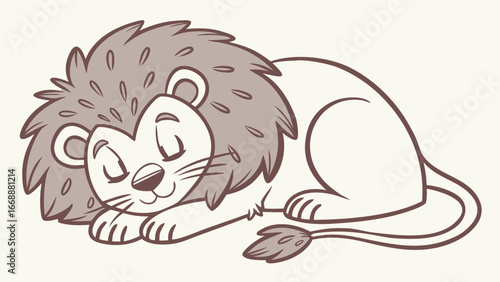 Sleeping lion cartoon illustration with a fluffy mane and curled tail on a light background art drawing