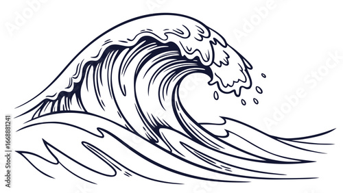 Illustration of a large ocean wave with foam cresting and smaller waves below it in black lines