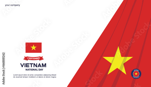 vietnam Independence Day Design, minimalist template of 2 september design elements with waving curtain on the right, vietnam map and flag in poster and banner form	
