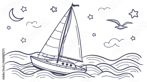 A sailboat sailing on the ocean waves under a starry night sky with a moon and a seagull flying above