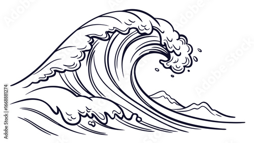 A stylized line drawing of a large ocean wave cresting with smaller waves in the foreground view