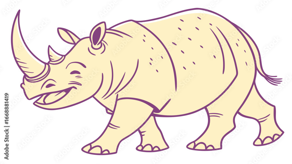 Obraz premium Cartoon style illustration of a smiling rhinoceros with a large horn walking to the left