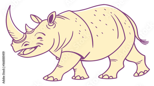 Cartoon style illustration of a smiling rhinoceros with a large horn walking to the left