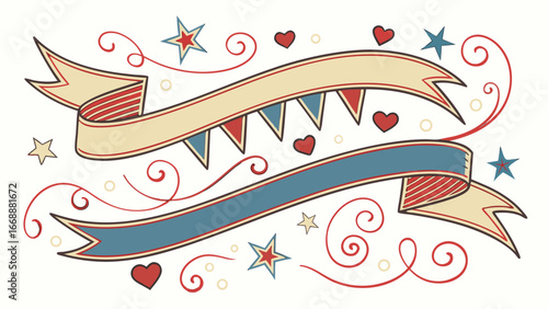 Two decorative banners with stars, hearts, swirls and pennants in a festive arrangement