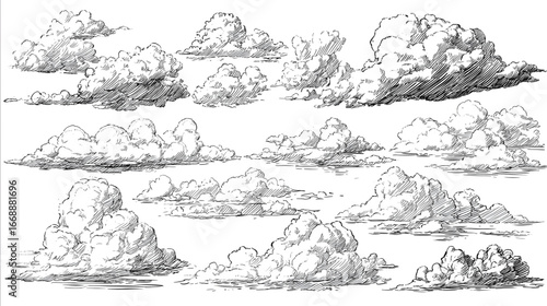 vcetor silhouettes of realistic clouds line art simple lines cartoon style black and white.
