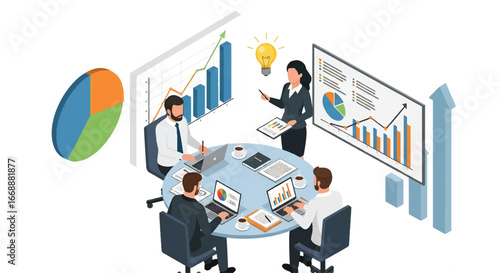 Isometric 3D view of business team meeting with laptops and charts, analyzing data and planning strategy, ideal for concepts of teamwork, productivity, growth, and corporate success
