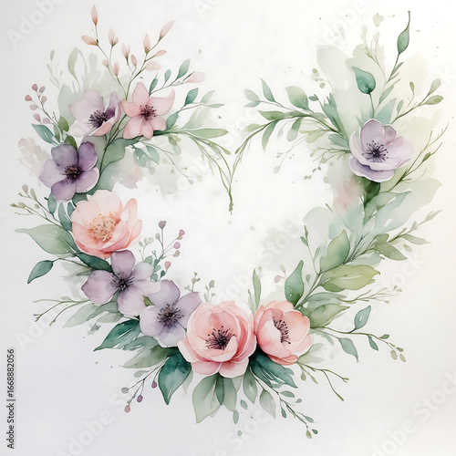 Watercolor floral heart with pink and purple flowers isolated on white background