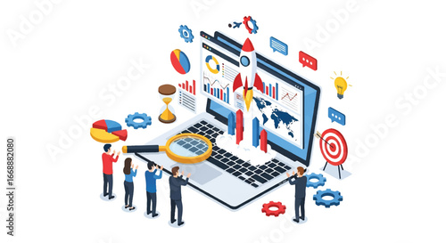 Isometric 3d view illustration of business startup launch with rocket from laptop, data charts, analytics, teamwork, and target strategy, symbolizing growth, innovation, and digital marketing success