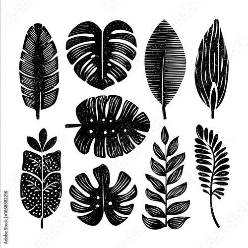 set of graphic tropical leaves with chunky lines in a retro surf style black and white Lino cut isolated on white background.