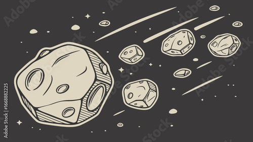 Illustration of a meteor shower with multiple asteroids and comets in a dark space background