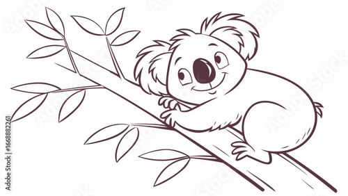 A cute koala bear clinging to a tree branch with leaves in a cartoon style outline drawing for coloring page