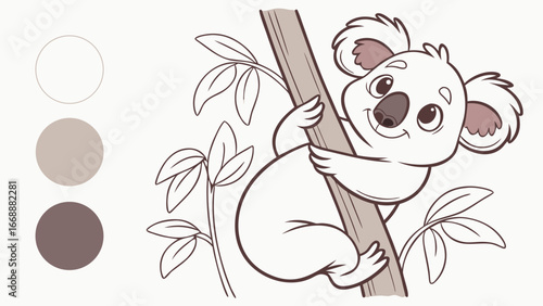 Illustration of a koala climbing a tree branch with color palette on the left side of the image