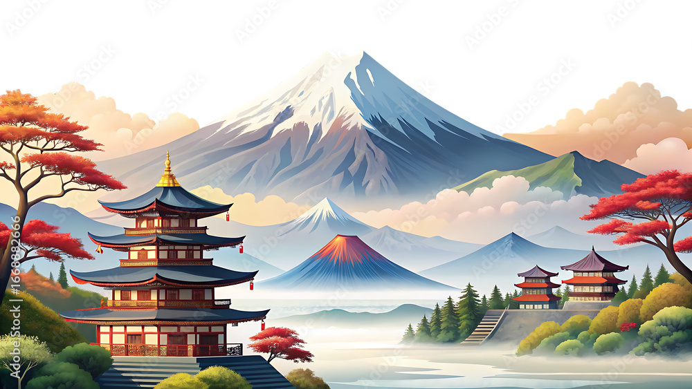 Fototapeta premium japanese landscape with mountains isolated on white background, png, ai generated.