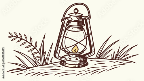 A vintage oil lantern with a lit flame sits on a grassy hill with a leafy plant beside it in sepia tones