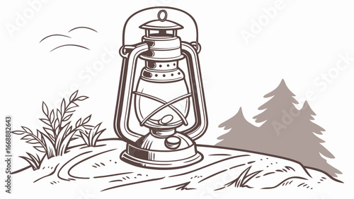 A vintage lantern on a hill with grass and trees in the background under a cloudless sky scene