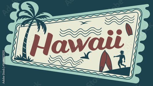 A vintage hawaii postcard featuring a palm tree waves surfboards and a surfer on a tropical island scene