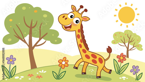 Cartoon giraffe walking in a field with trees flowers and a shining sun in the background scenery scene