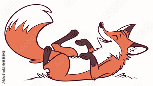 Cartoon fox lying on its back with paws in the air and smiling happily on a white background scene