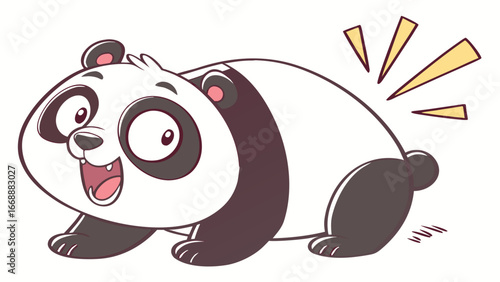 Cartoon panda with a surprised expression and yellow exclamation marks around its rear end depicted