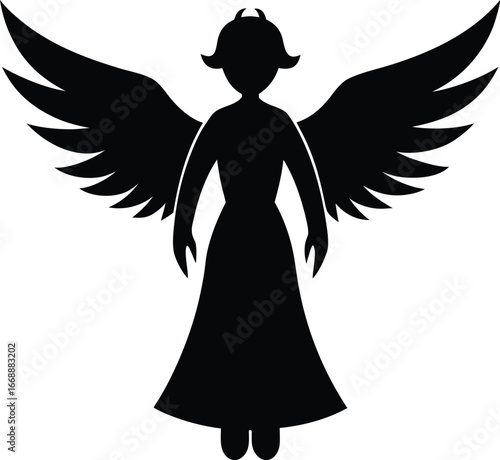 Silhouette of an Angelic Being with Wings Standing Gracefully in a Long Dress Spiritual and Symbolic Illustration