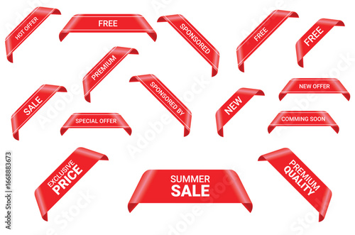 Red Corner Ribbon Banner Pack – Hot Offer, Free, Sponsored, Premium, Sale, Special Offer, New, Coming Soon, Exclusive Price, Premium Quality, Summer Sale