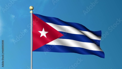 3D Waving Flag of Cuba – Blue and White Stripes with Red Triangle and White Star – Seamless 4K Animation on Flagpole – Cuban National Symbol in the Wind