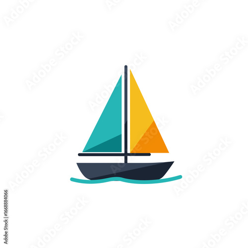 Colorful sailing boat with triangular sails on calm water  