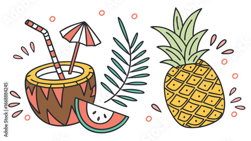 Illustration of a coconut drink with straw and umbrella next to a pineapple and watermelon slice