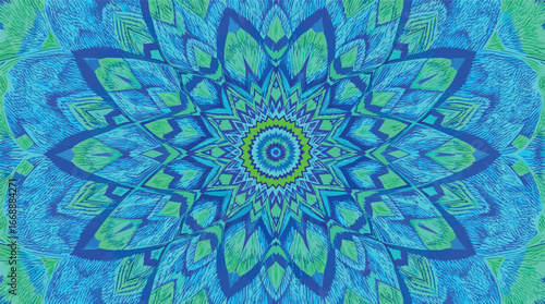 Vibrant Blue and Green Kaleidoscopic Floral Pattern Background abstract.