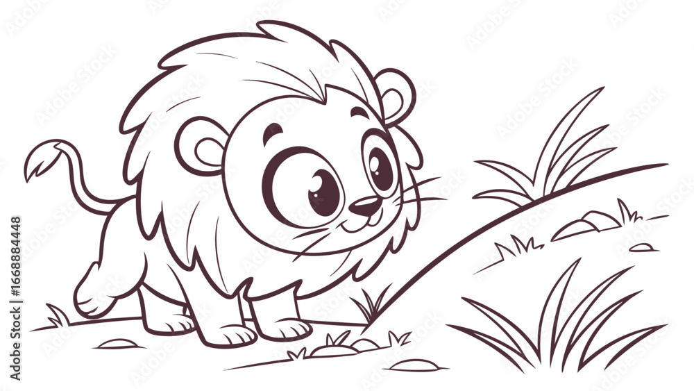 Fototapeta premium Cartoon lion with a fluffy mane walking on a grassy hill ready to be colored in by a child drawing
