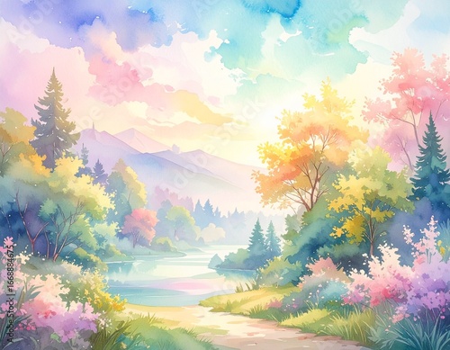 Soft Pastel Watercolor Landscape with River and Trees, Abstract Fluid Wash Background