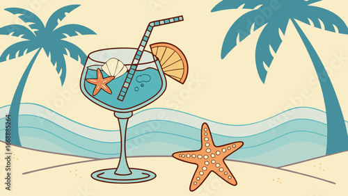 Illustration of a beach scene with palm trees a cocktail and a starfish on a sandy beach