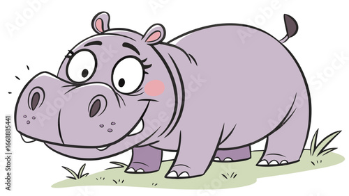 Cartoon hippo standing on grass with a cheerful expression and large eyes looking forward happily
