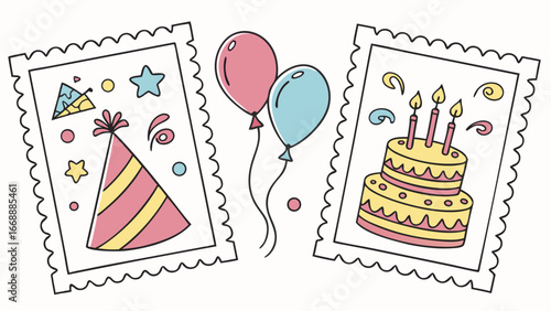 Illustration of birthday themed postage stamps with cake party hat and balloons in cartoon style