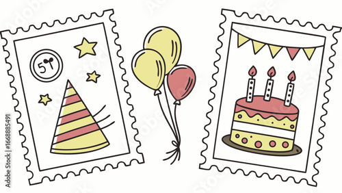 Illustration of birthday themed stamps with a party hat cake and balloons design elements present 100